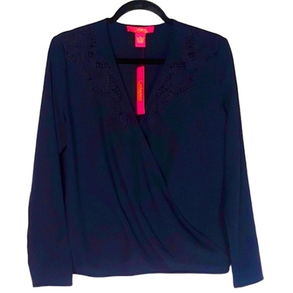 NWT CATHERINE MALANDRINO Embroidered Navy Blue Faux Wrap Long Sleeve Top Medium
